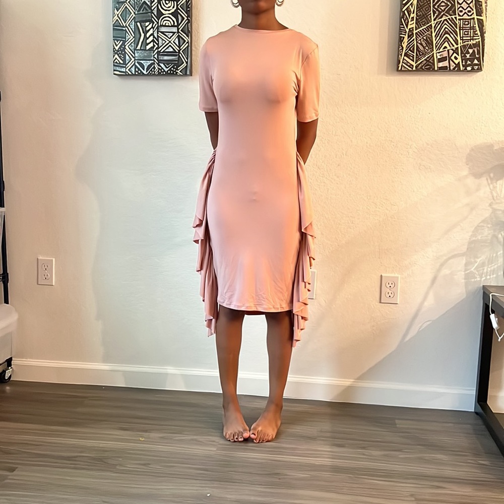 Salmon Color Dress With Side Ruffles M Bodycon New